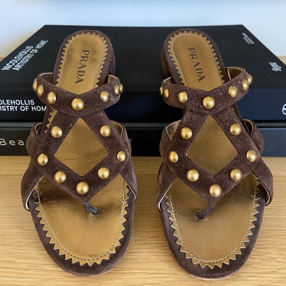 Brown Suede Prada Studded Sandals 36.5 - Picture 1 of 8